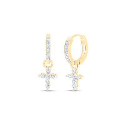 10K Yellow Gold1/8 Ct Round Diamond Cross Hoop Dangle Earrings