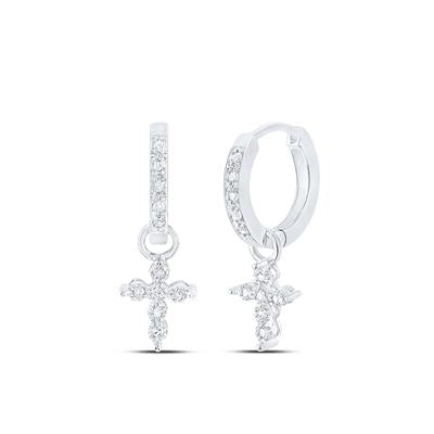 10K White Gold1/8 Ct Round Diamond Cross Hoop Dangle Earrings