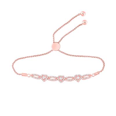 10K Rose Gold 1/2 Ct Round Diamond Triple Heart Bolo Colored Bracelet