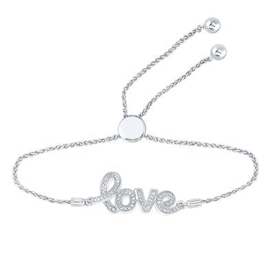 Sterling Silver Round 1/4 Ct Diamond Love Word Bolo Adjustable Bracelet