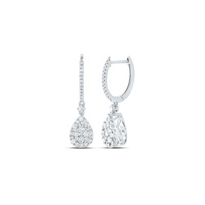 14K White Gold 1 Ct Round Diamond Hoop Teardrop Dangle Earrings