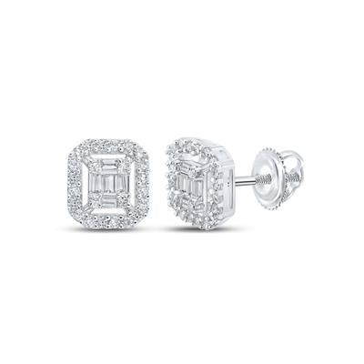 10K White Gold 1/4 Ct Baguette Cluster Diamond Fashion Earrings