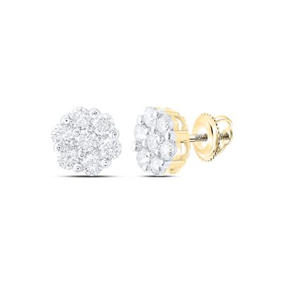 14K Yellow Gold 1-1/2 Ct Round Cluster Diamond Flower Fashion Earrings