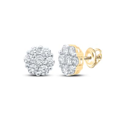 14K Yellow Gold 2 Ct Round Cluster Diamond Flower Fashion Earrings