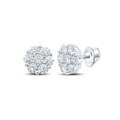 14K White Gold 2 Ct Round Cluster Diamond Flower Fashion Earrings