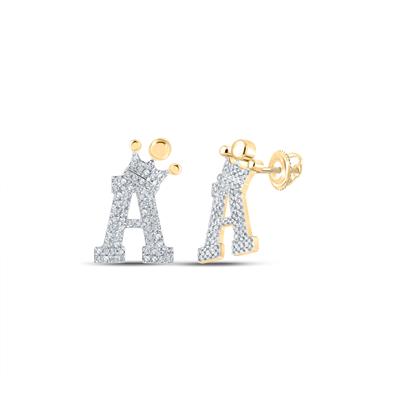 10K Yellow Gold 1/3 Ct Round Diamond Letter "A" Initial Crown Earrings