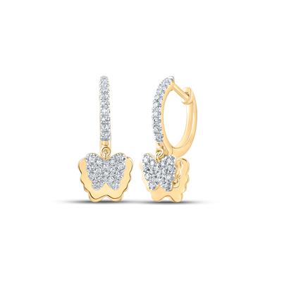 10K Yellow Gold 1/4 Ct Round Diamond Dangle Hoop Butterfly Earrings