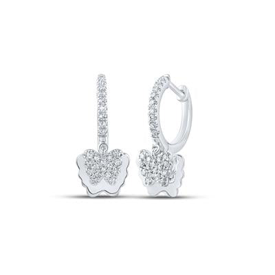 10K White Gold 1/4 Ct Round Diamond Dangle Hoop Butterfly Earrings