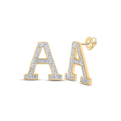 10K Yellow Gold 1/6 Ct Round Diamond Letter "A" Initial Earrings