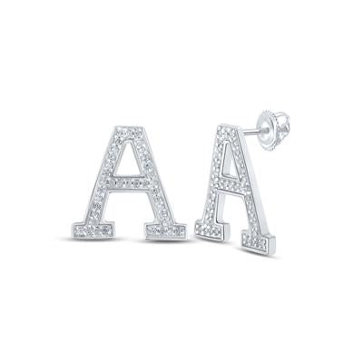 10K White Gold 1/6 Ct Round Diamond Letter "A" Initial Earrings