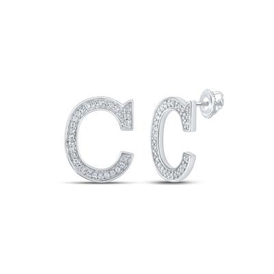 10K White Gold 1/8 Ct Round Diamond Letter "C" Initial Earrings