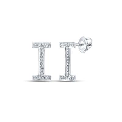 10K White Gold 1/10 Ct Round Diamond Letter "I" Initial Earrings