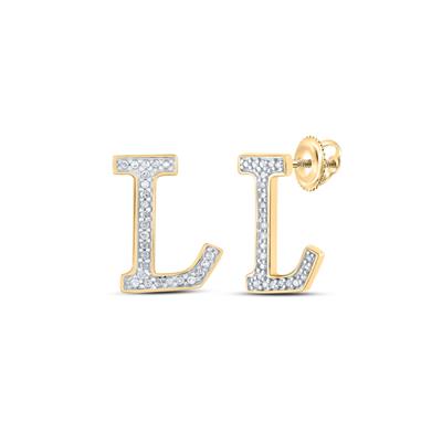 10K Yellow Gold 1/10 Ct Round Diamond Letter "L" Initial Earrings