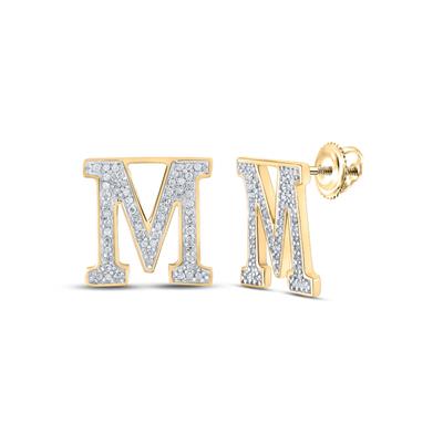 10K Yellow Gold Round 1/4 Ct Diamond Letter "M" Initial Earrings