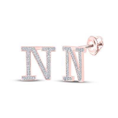 10K Rose Gold 1/5 Ct Round Diamond Letter "N" Initial Earrings