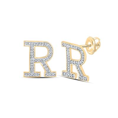 10K Yellow Gold 1/6 Ct Round Diamond Letter "R" Initial Earrings