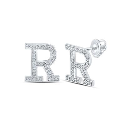 10K White Gold 1/6 Ct Round Diamond Letter "R" Initial Earrings