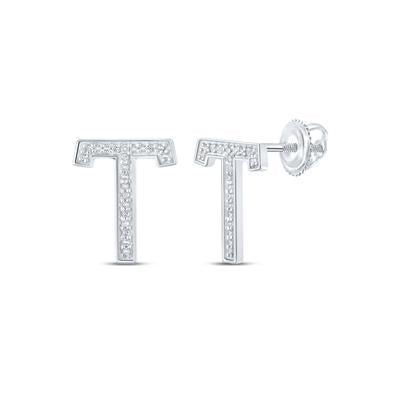 10K White Gold 1/10 Ct Round Diamond Letter "T" Initial Earrings