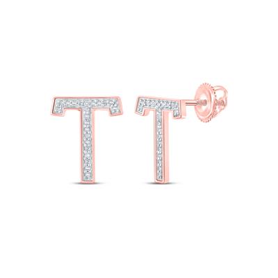 10K Rose Gold 1/10 Ct Round Diamond Letter "T" Initial Earrings