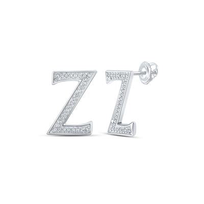 10K White Gold 1/8 Ct Round Diamond Letter "Z" Initial Earrings