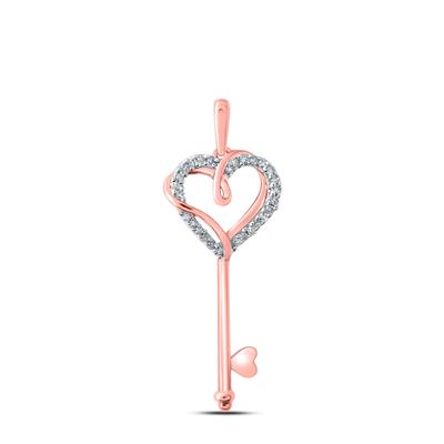 10K Rose Gold 1/12 Ct Round Diamond Heart Key Pendant