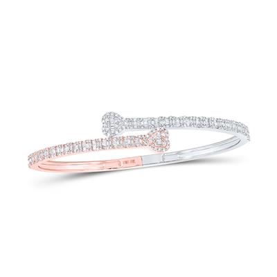 10K Two-tone Gold 1-1/2 Ct Baguette Shaped Diamond Heart Cuff Bangle Colored Bracelet