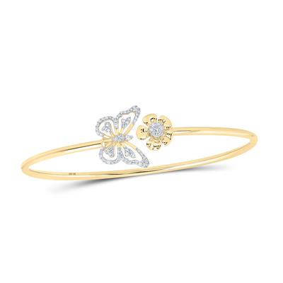 10K Yellow Gold 1/4 Ct Round Diamond Butterfly Bangle Bracelet