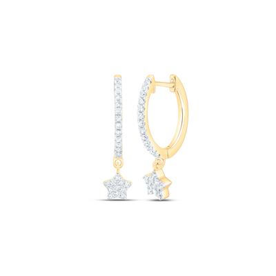 10K Yellow Gold 1/5 Ct Round Diamond Star Hoop Dangle Earrings