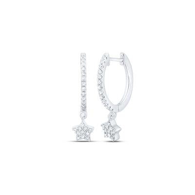 10K White Gold 1/5 Ct Round Diamond Star Hoop Dangle Earrings