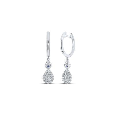 14K White Gold 1/3 Ct Round Diamond Teardrop Hoop Dangle Earrings