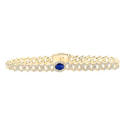 10K Yellow Gold 4-1/5 Ct Oval Blue Sapphire Diamond Cuban Link Colored Bracelet