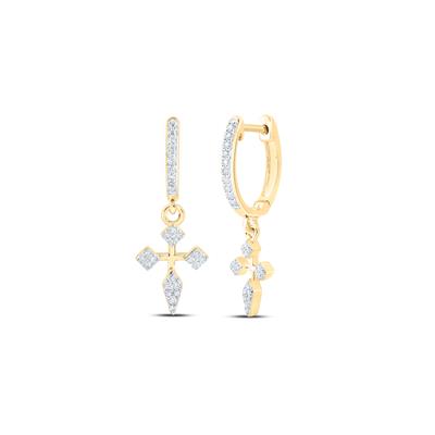 10K Yellow Gold  1/6 Ct Round Diamond Cross Hoop Dangle Earrings