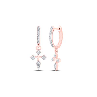 10K Rose Gold  1/6 Ct Round Diamond Cross Hoop Dangle Earrings