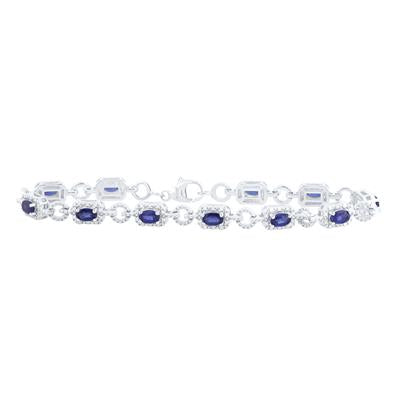 .925 Silver Sterling 3/8 Ct Diamond Oval Blue Sapphire Synthetic Colored Bracelet