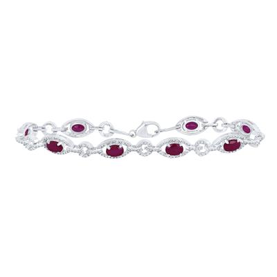 .925 Sterling Silver 1/3 Ct Diamond Oval Shaped Synthetic Ruby Gemstone Colored Bracelet