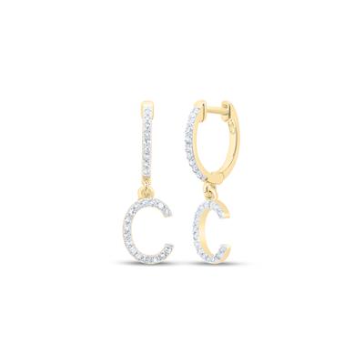 10K Yellow Gold 1/5Ct Diamond Letter "C" Initial Dangle Earrings