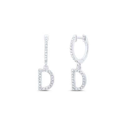 10K White Gold 1/4 Ct Diamond Letter "D" Initial Dangle Earrings