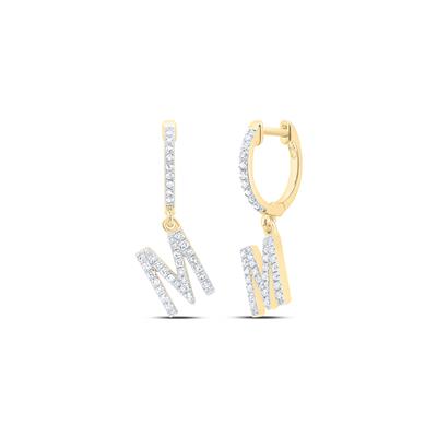 10K Yellow Gold 1/3Ct Diamond Letter "M" Initial Dangle Earrings