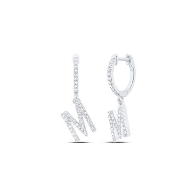 10K White Gold 1/3Ct Diamond Letter "M" Initial Dangle Earrings