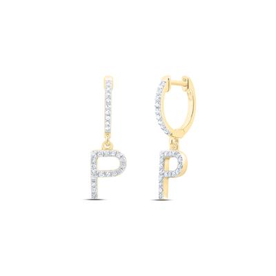 10K Yellow Gold 1/5Ct Diamond Letter "P" Initial Dangle Earrings