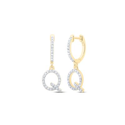 10K Yellow Gold 1/4Ct Diamond Letter "Q" Initial Dangle Earrings