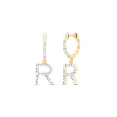 10K Yellow Gold 1/4 Ct Diamond Letter "R" Initial Dangle Earrings