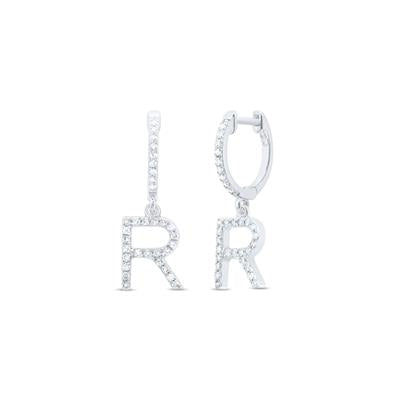 10K White Gold 1/4 Ct Diamond Letter "R" Initial Dangle Earrings