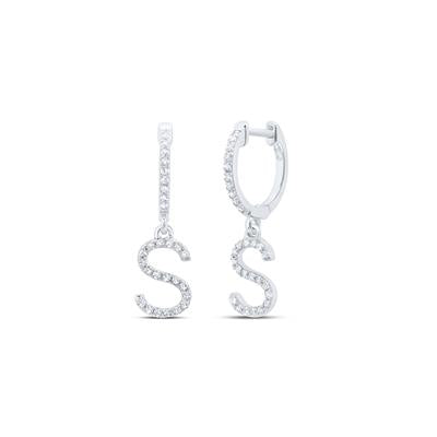 10K White Gold 1/5 Ct Diamond Letter "S" Initial Dangle Earrings