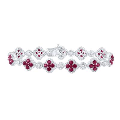 14K White Gold 3 Ct Diamond 6-1/4Ct Ruby Natural Gem Clover Colored Bracelet