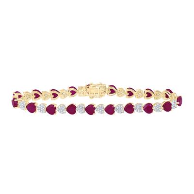 10K Yellow Gold  1-1/5Ct Diamond 7inch Heart Shape Ruby Synthetic Colored Bracelet