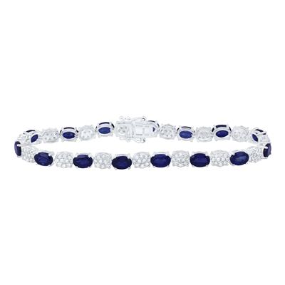 10K White Gold 1-3/8 Ct Diamond Oval Shaped Blue Sapphire Synthetic Colored Bracelet