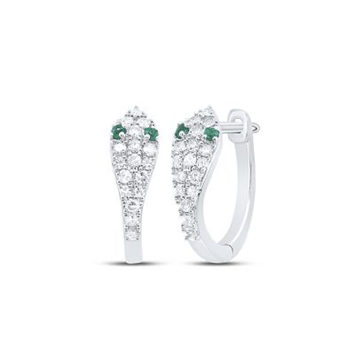 14K White Gold 1/5Ct Diamond 0.03Ct Rhodium Emerald Natural Gemstone Snake Colored Hoop Earrings