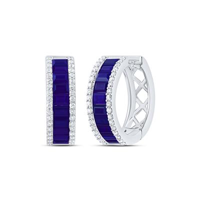 14K White Gold 1/3Ct Diamond 2Ct Blue Sapphire Baguette Natural Gemstone Colored Hoop Earrings