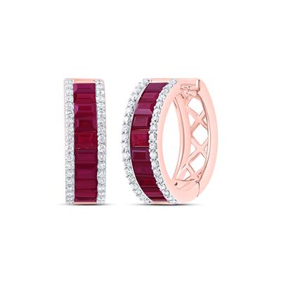 14K Rose Gold 1/3Ct Diamond 2Ct Ruby Baguette Natural Gemstone Colored Hoop Earrings